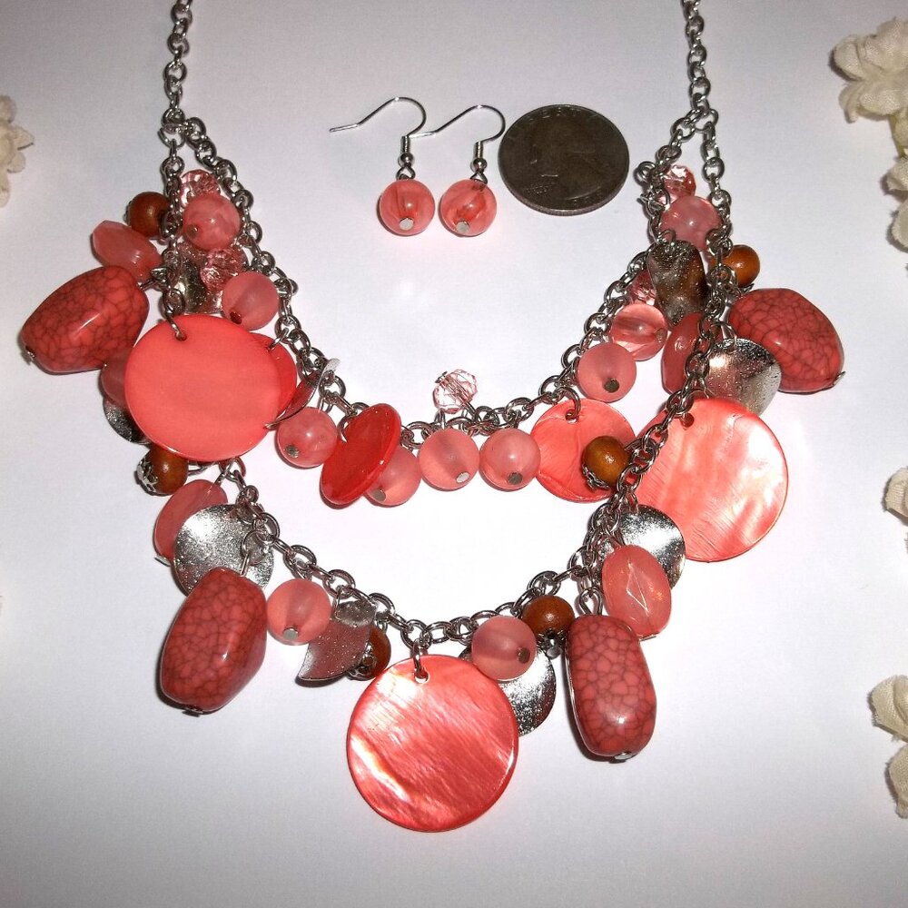 Orange Shell Silver Statement Necklace Earrings C… - image 3